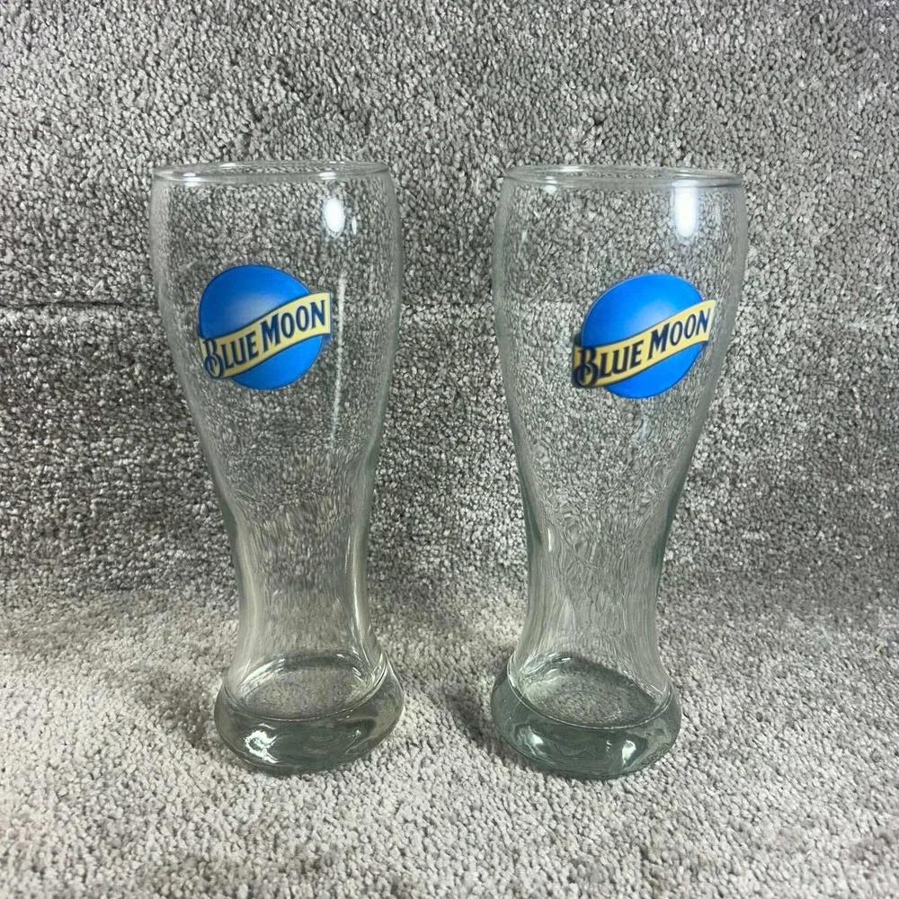 Blue Moon Beer Pilsner Glasses Clear Logo Barware Set of 2 8.25in